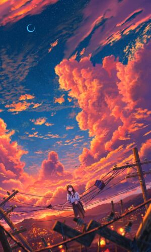 coucher de soleil nuages ​​​​anime iphone fond decran hd