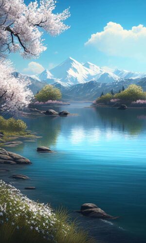 Lacs Montagnes Arbres de fleurs de cerisier IPhone Fond decran