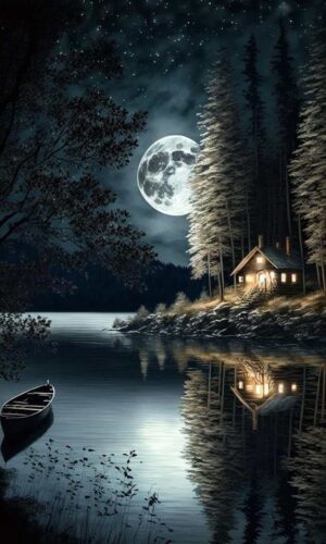 Lake Side House Lune Nuit IPhone Fond decran HD