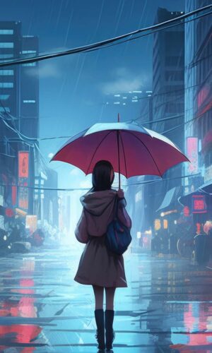 Anime Girl Walking In Rain Umbrella IPhone Fond decran HD