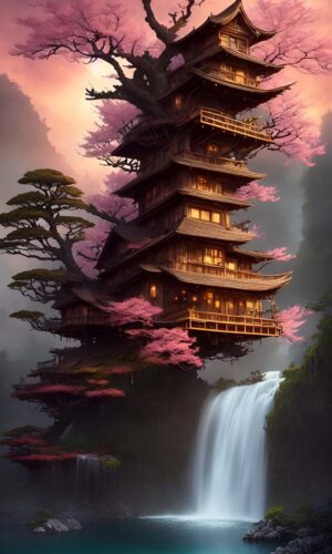 Sakura Tree House iPhone Wallpaper 4K