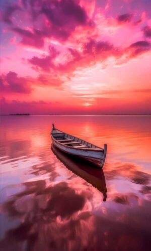Mini Boat Sunset Lake iPhone Wallpaper 4K