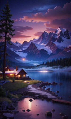 Mountains Lake House iPhone Wallpaper 4K