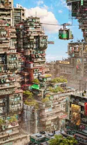 Skyscraping scifi sky high blocks and homes iPhone Wallpaper 4K