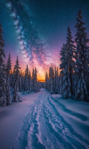 Snow Trees Pathway Starry Sky iPhone Wallpaper