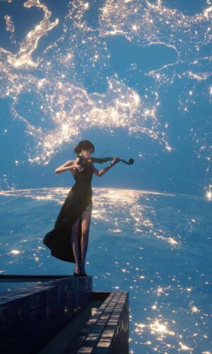 Girl playing violin in space