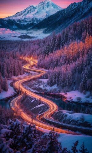 Winter Mountain Road Long Exposure Lights iPhone Wallpaper iPhone